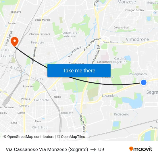 Via Cassanese Via Monzese (Segrate) to U9 map