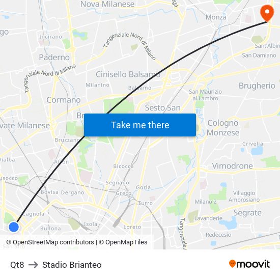 Qt8 to Stadio Brianteo map