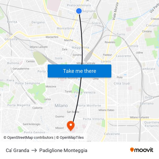 Ca' Granda to Padiglione Monteggia map