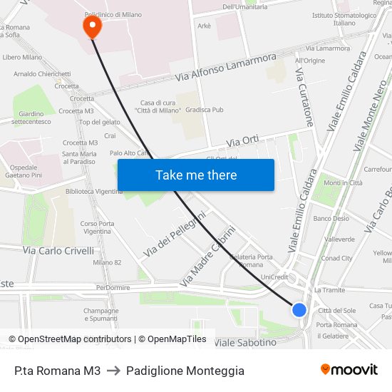 P.ta Romana M3 to Padiglione Monteggia map