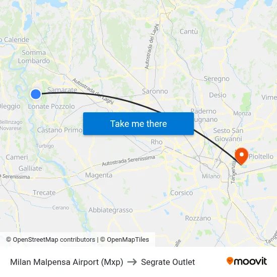 Milan Malpensa Airport (Mxp) to Segrate Outlet map