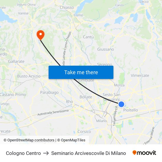 Cologno Centro to Seminario Arcivescovile Di Milano map