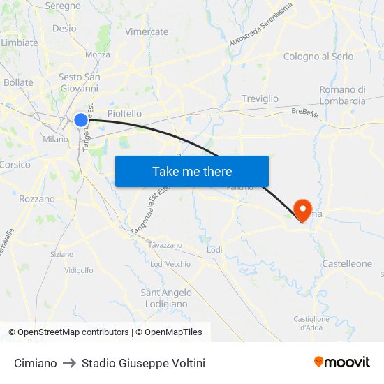 Cimiano to Stadio Giuseppe Voltini map