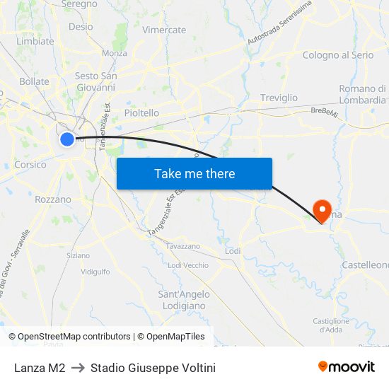 Lanza M2 to Stadio Giuseppe Voltini map