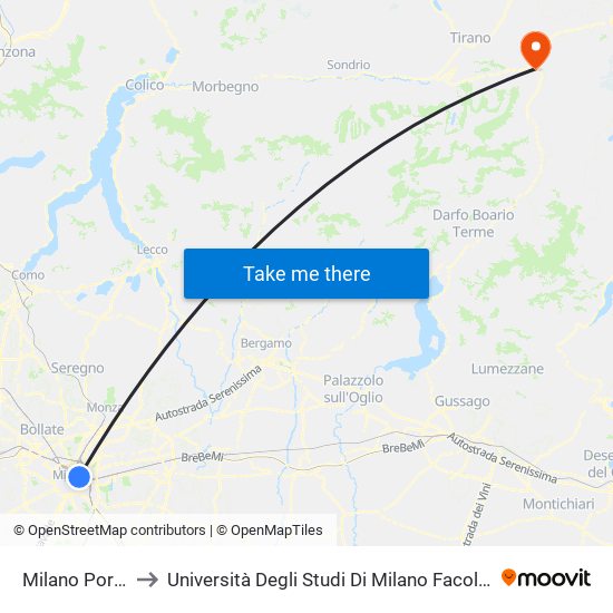 Milano Porta Venezia to Università Degli Studi Di Milano Facoltà Di Agraria - Sede Di Edolo map