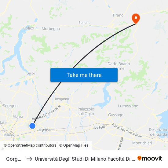 Gorgonzola to Università Degli Studi Di Milano Facoltà Di Agraria - Sede Di Edolo map