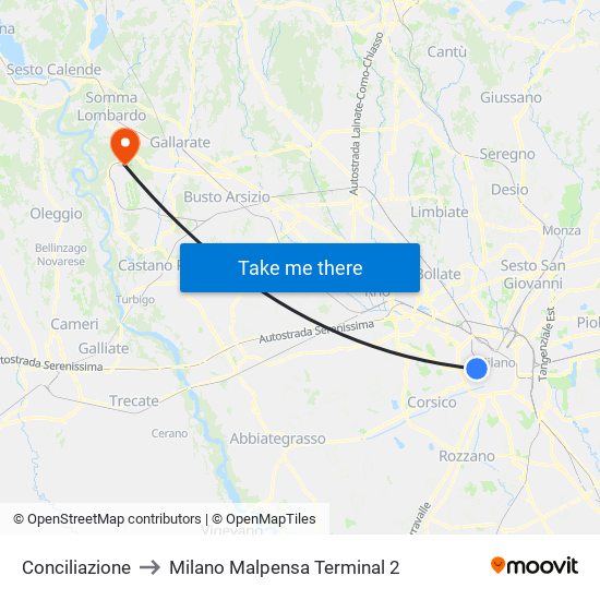 Conciliazione to Milano Malpensa Terminal 2 map