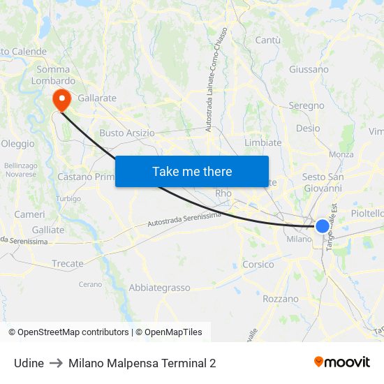 Udine to Milano Malpensa Terminal 2 map