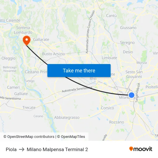 Piola to Milan Malpensa Terminal 2 map