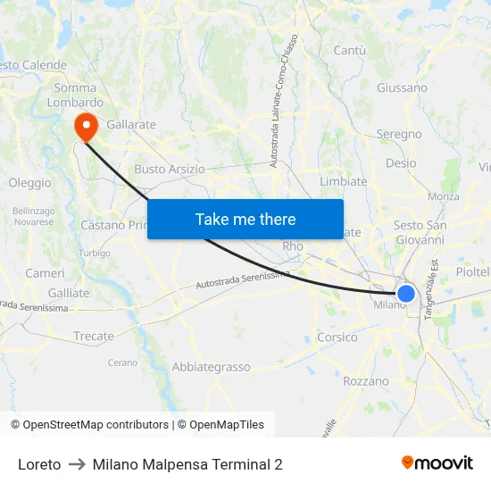 Loreto to Milan Malpensa Terminal 2 map
