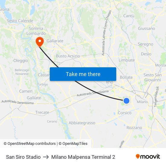 San Siro Stadio to Milano Malpensa Terminal 2 map