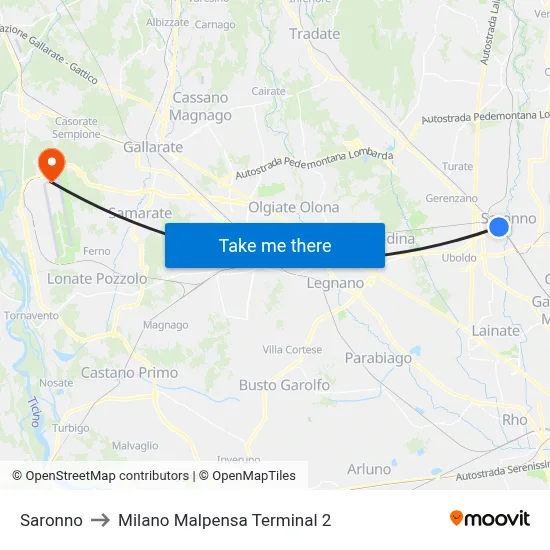 Saronno to Milan Malpensa Terminal 2 map