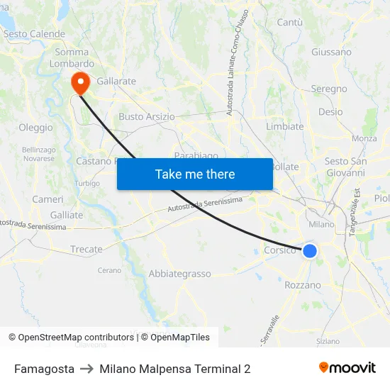 Famagosta to Milan Malpensa Terminal 2 map