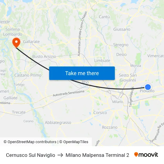 Cernusco Sul Naviglio to Milan Malpensa Terminal 2 map