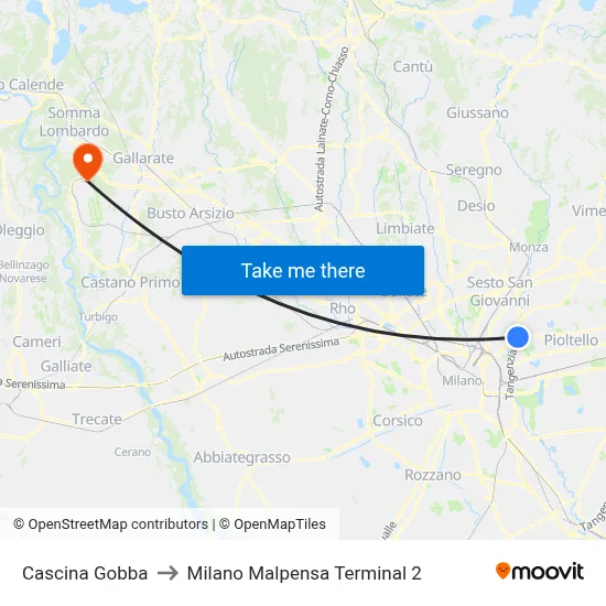 Cascina Gobba to Milan Malpensa Terminal 2 map