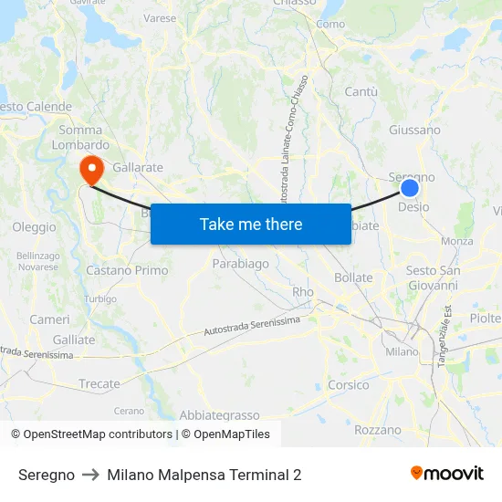 Seregno to Milano Malpensa Terminal 2 map
