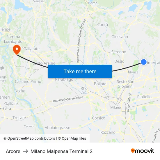 Arcore to Milan Malpensa Terminal 2 map