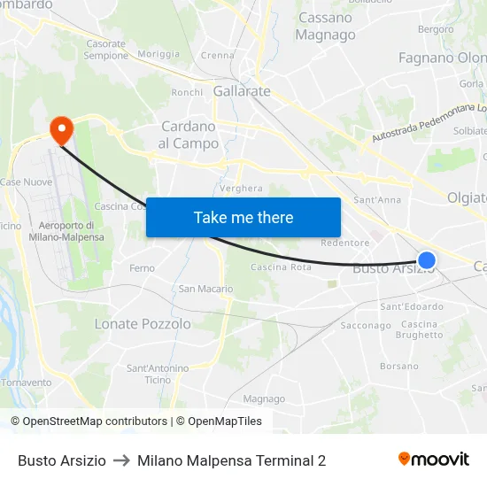 Busto Arsizio to Milan Malpensa Terminal 2 map