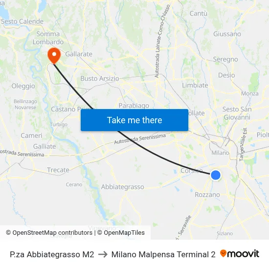 P.za Abbiategrasso M2 to Milano Malpensa Terminal 2 map