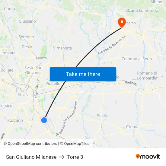 San Giuliano Milanese to Torre 3 map
