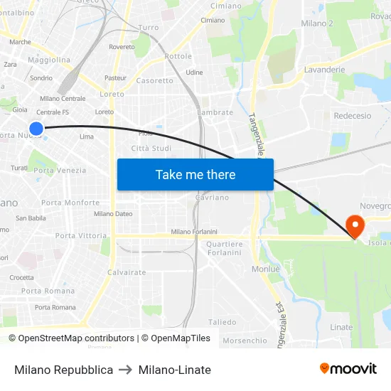 Milano Repubblica to Milano-Linate map
