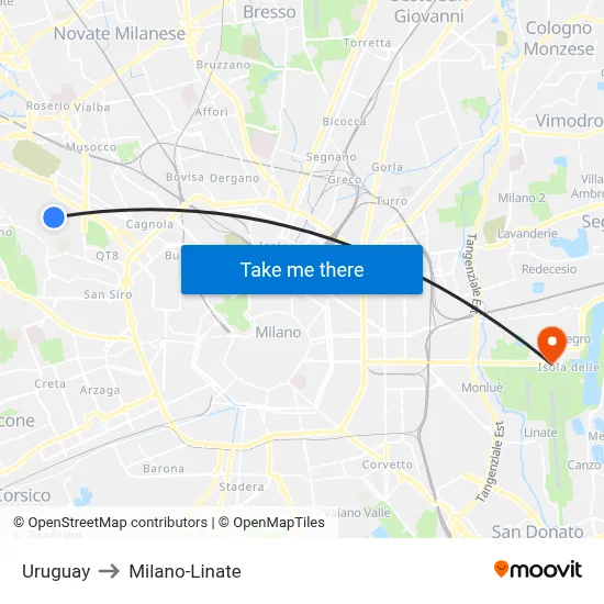 Uruguay to Milan-Linate map