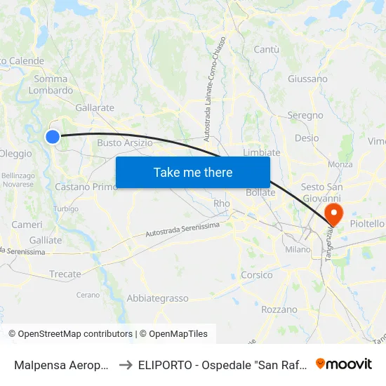 Malpensa Aeroporto T1 to ELIPORTO - Ospedale "San Raffaele" (MI) map
