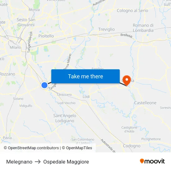 Melegnano to Major Hospital map