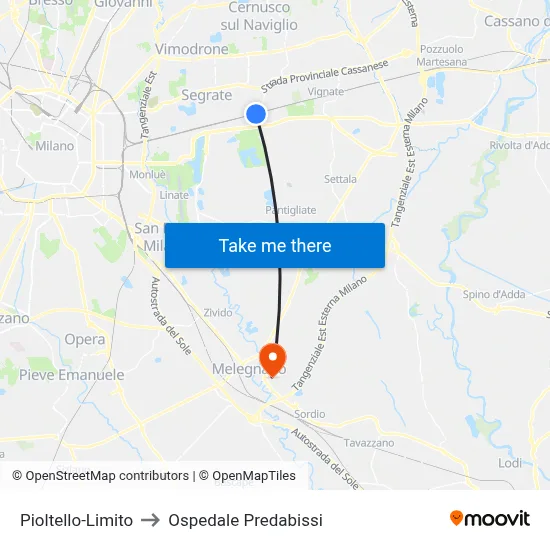 Pioltello-Limito to Ospedale Predabissi map