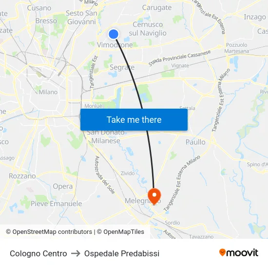 Cologno Center to Predabissi Hospital map
