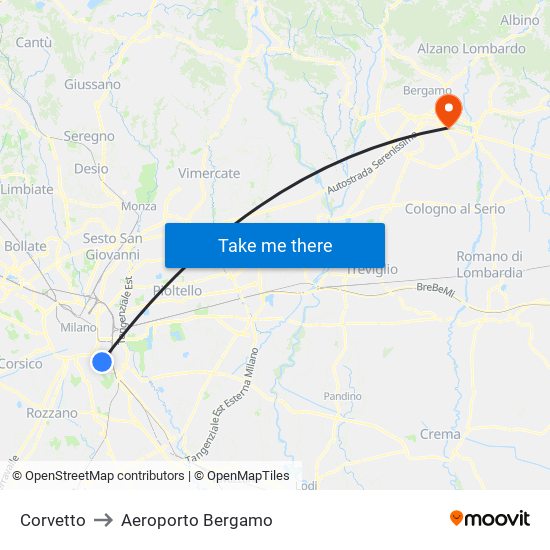 Corvetto to Aeroporto Bergamo map