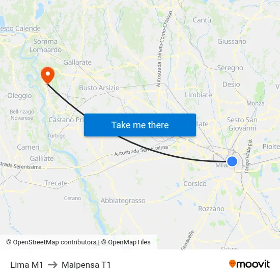 Lima M1 to Malpensa T1 map