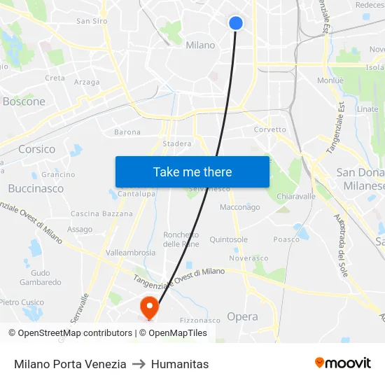 Milano Porta Venezia to Humanitas map