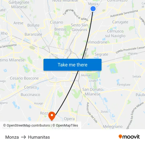 Monza to Humanitas map