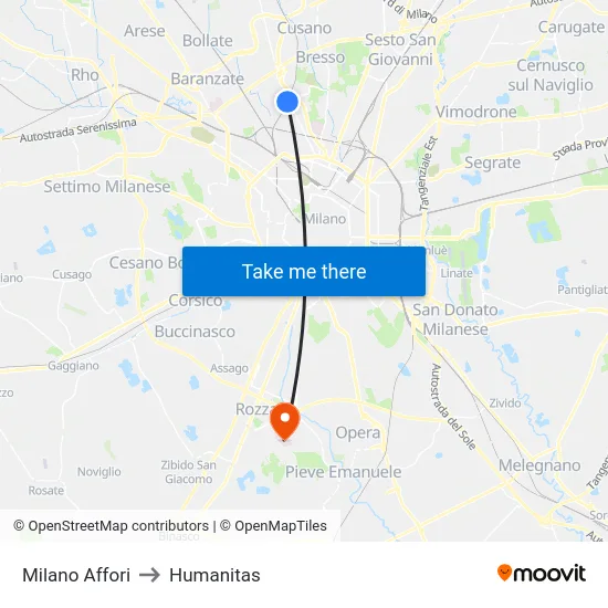 Milano Affori to Humanitas map