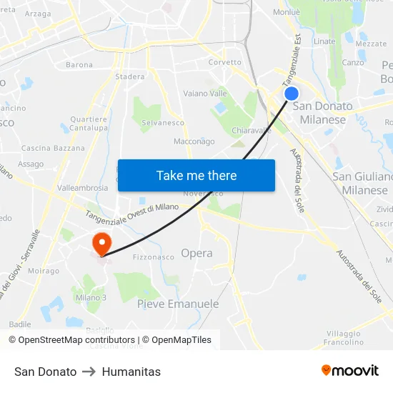 San Donato to Humanitas map