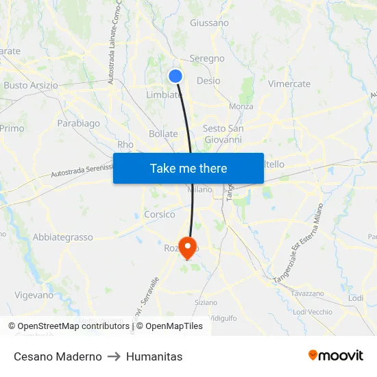 Cesano Maderno to Humanitas map