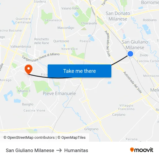 San Giuliano Milanese to Humanitas map