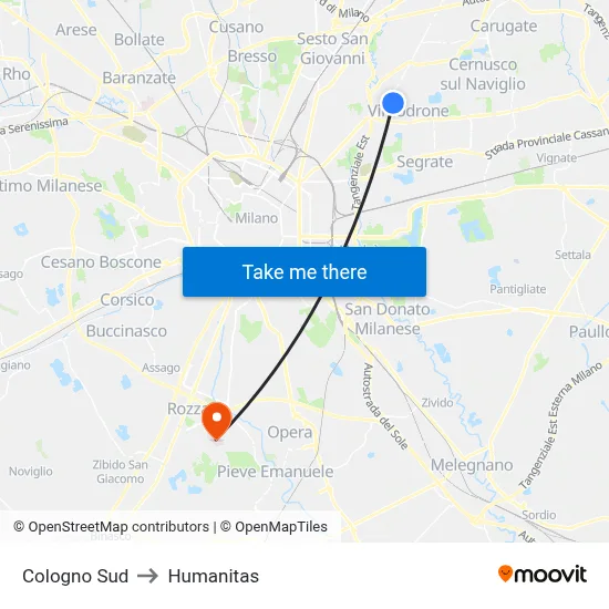 Cologno South to Humanitas map