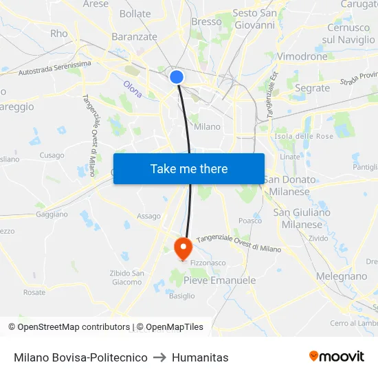 Milan Bovisa-Polytechnic to Humanitas map