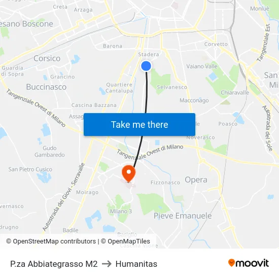 P.za Abbiategrasso M2 to Humanitas map