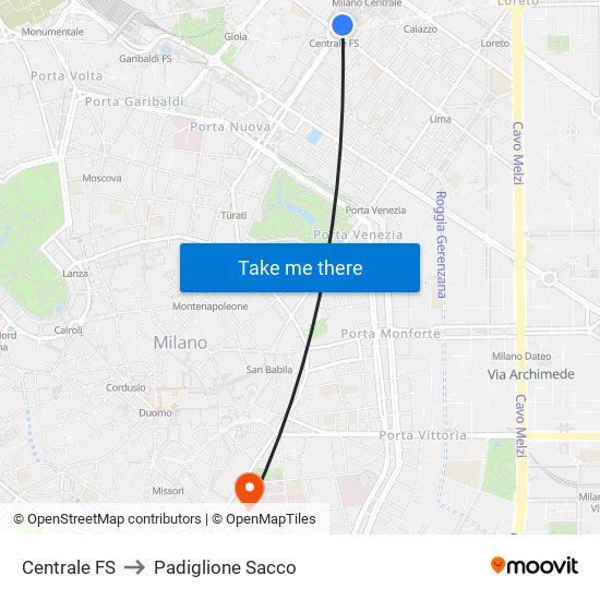 Centrale FS to Padiglione Sacco map