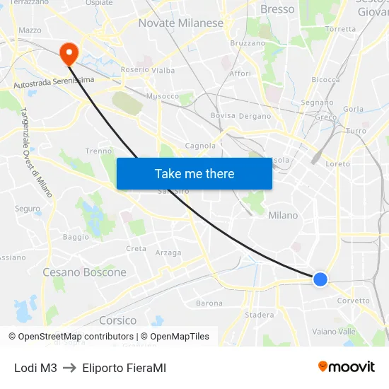 Lodi M3 to Eliporto FieraMI map