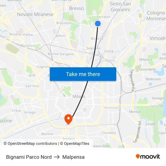 Bignami Parco Nord to Malpensa map