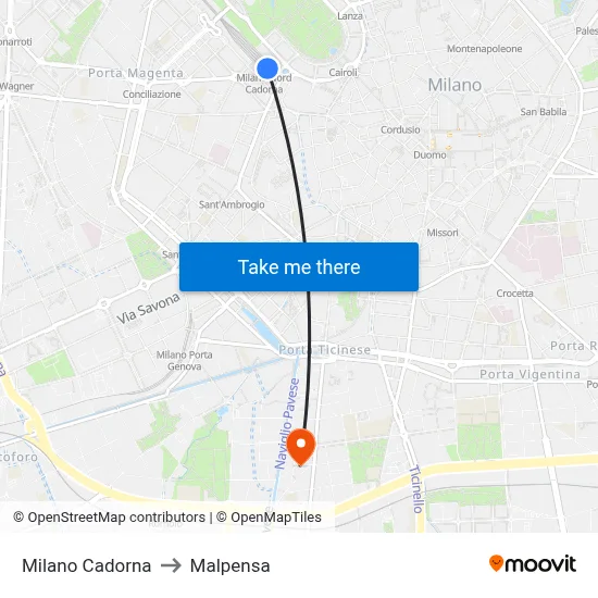 Milan Cadorna to Malpensa map