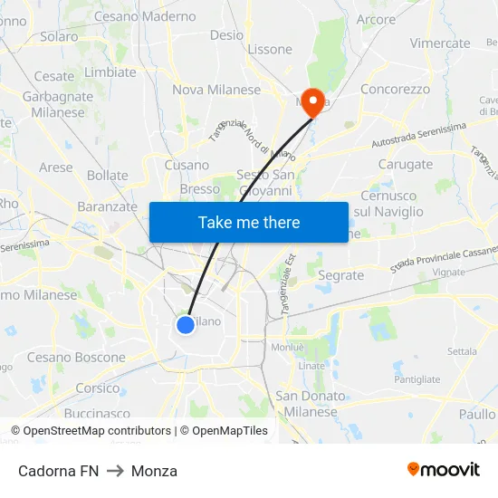 Cadorna FN to Monza map