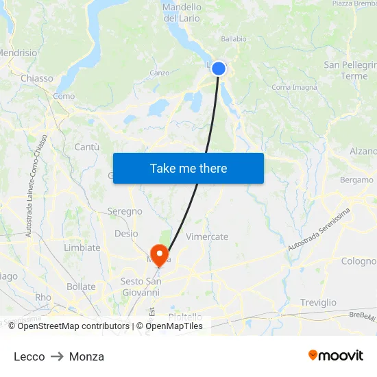 Lecco to Monza map