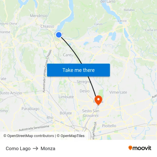 Como Lago to Monza map