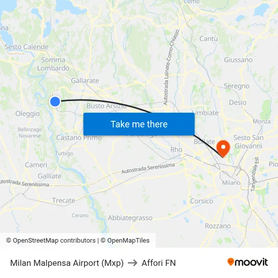 Milan Malpensa Airport (MXP) to Affori FN map