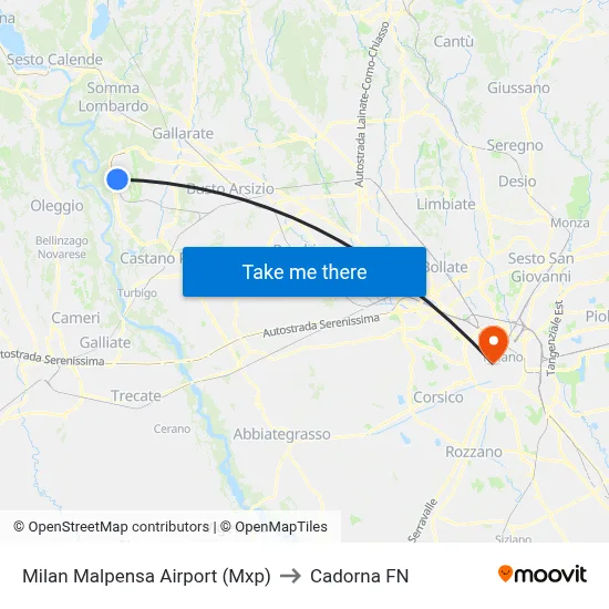 Milan Malpensa Airport (MXP) to Cadorna FN map